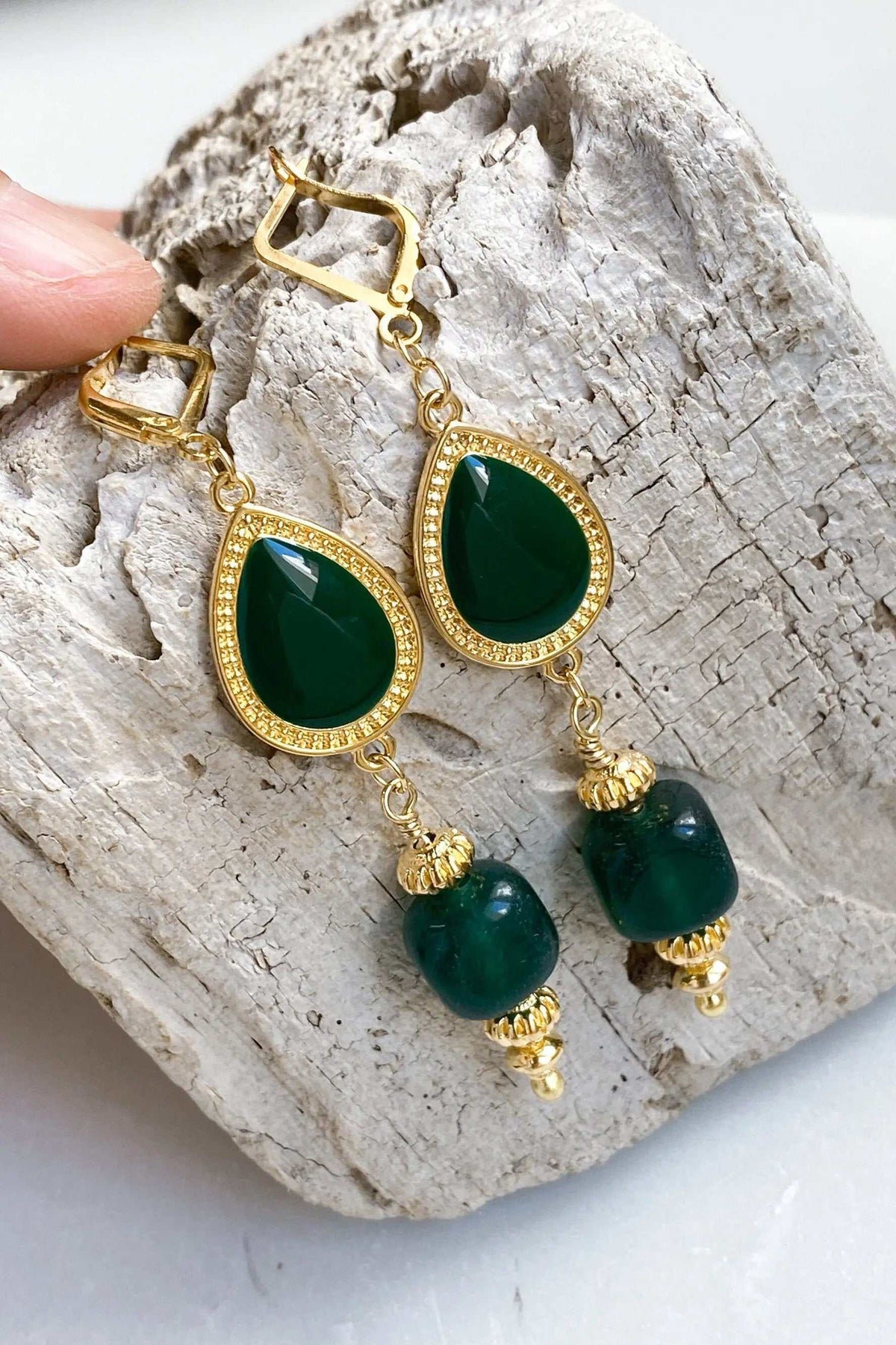 ROXANI Emerald Green earrings with deep green teardrop stones, gold-tone settings and dangling rounded beads