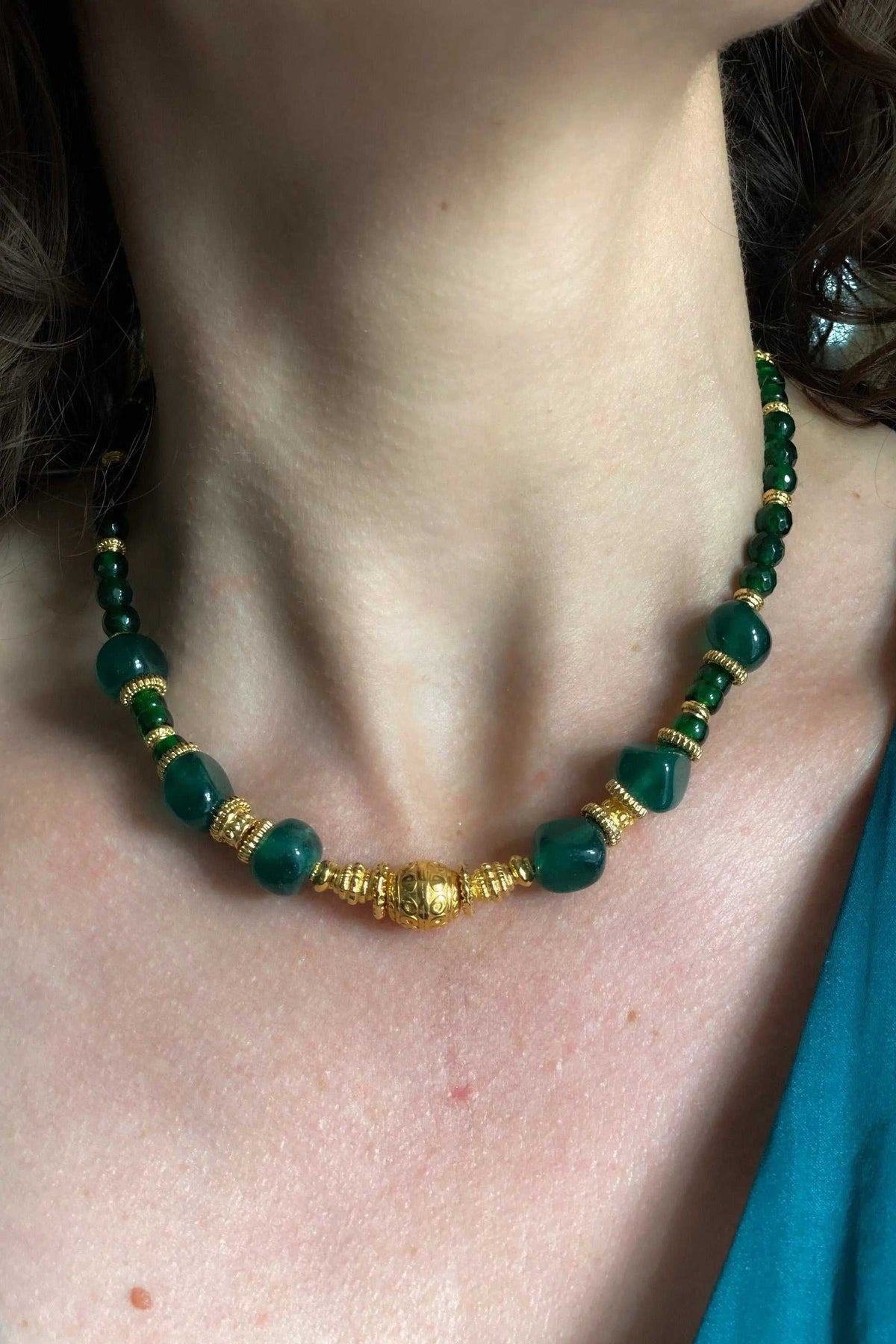 ROXANI Emerald Green Jade neckla beaded necklace with deep green stones and gold-tone ethnic accents