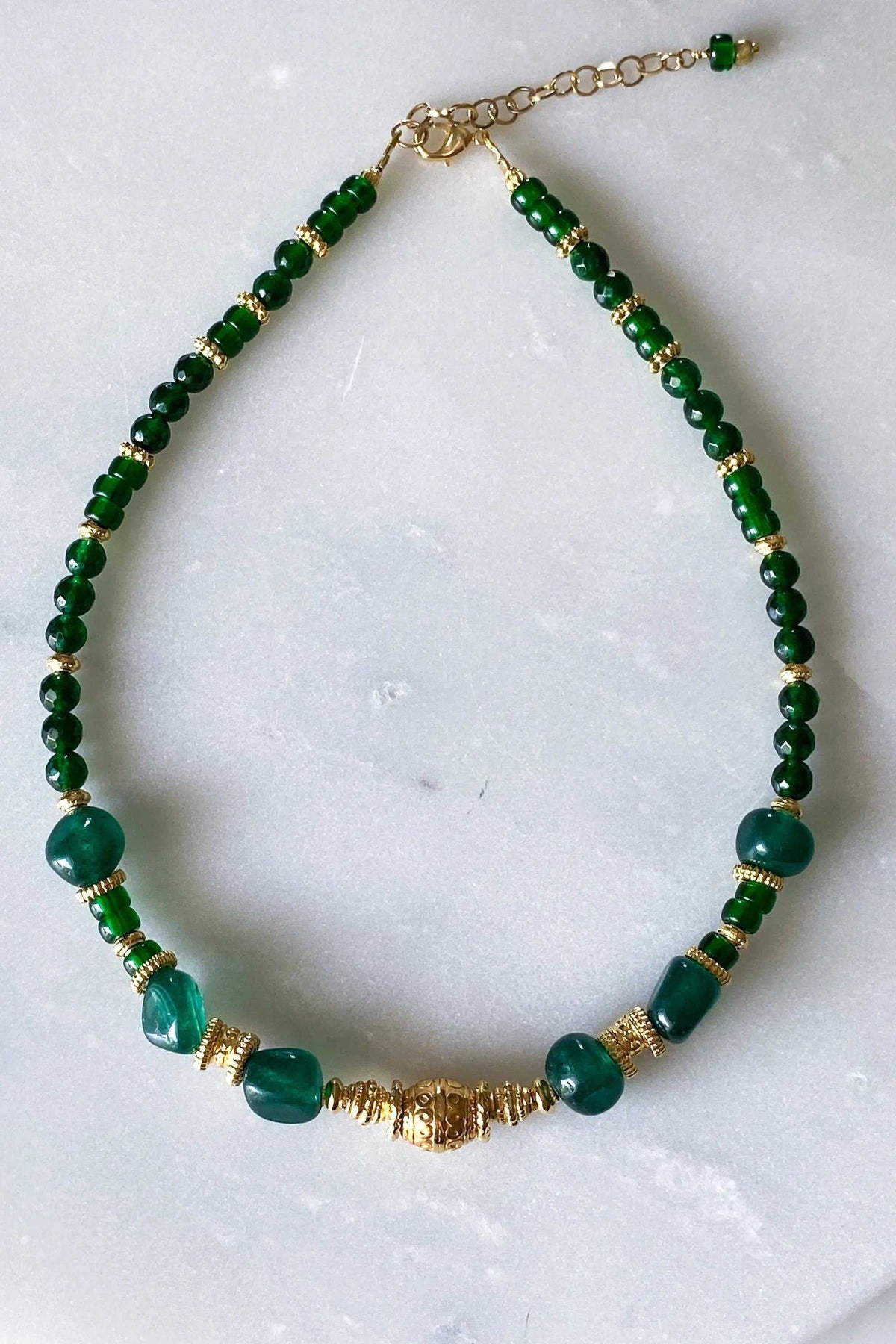 ROXANI Emerald Green Jade neckla beaded necklace with dark green jade beads and gold-toned ethnic details