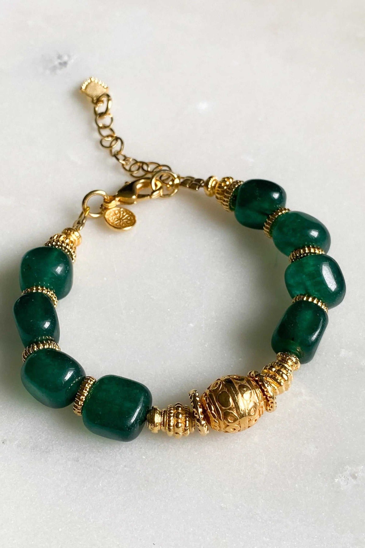 ROXANI Emerald Green Jade neckla beaded necklace with polished green jade beads and ornate gold-tone accents
