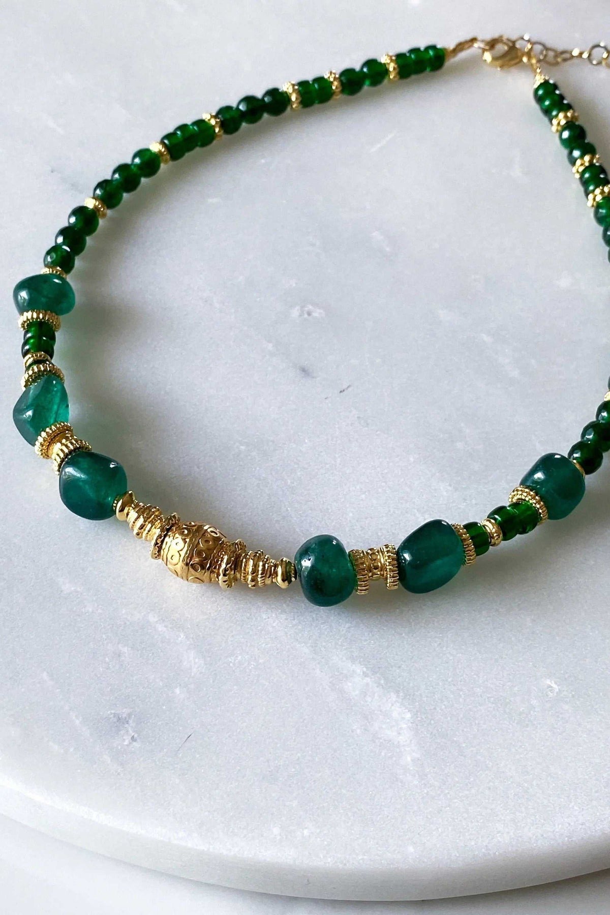 ROXANI Emerald Green Jade neckla with glossy dark green beads, larger jade stones and ornate gold-tone spacers