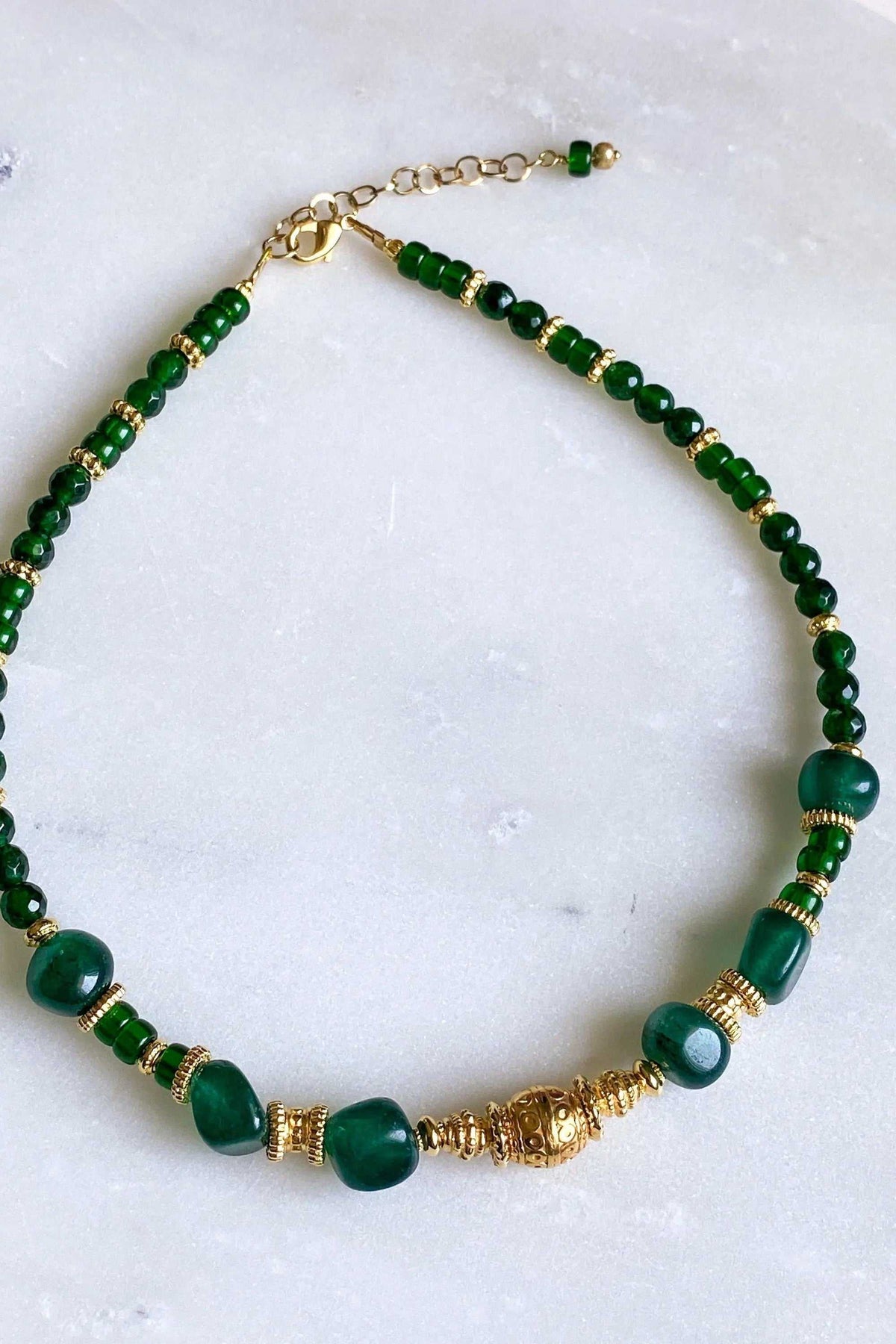 ROXANI Emerald Green Jade neckla with deep green jade beads, gold-tone accents and a central ornate bead