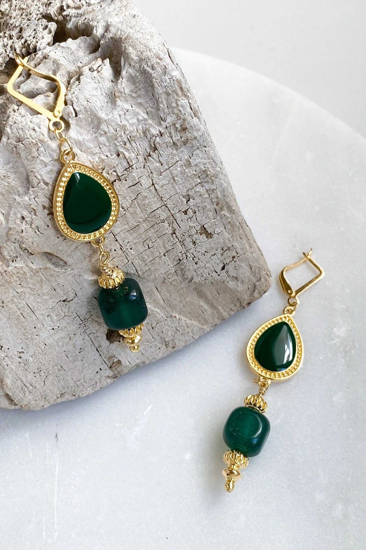 ROXANI Emerald Green Jade neckla earrings with glossy dark green teardrop and round beads, framed in gold