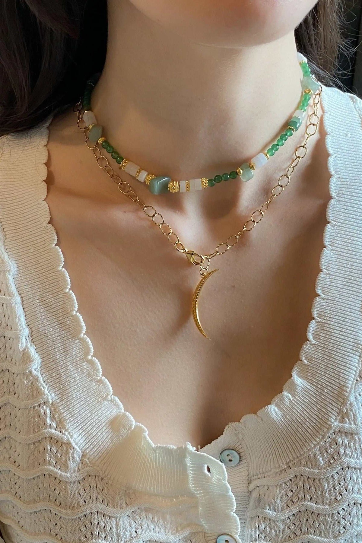 SELENE Moon Lariat Necklace in gold-tone steel with delicate chain and slim crescent moon pendant