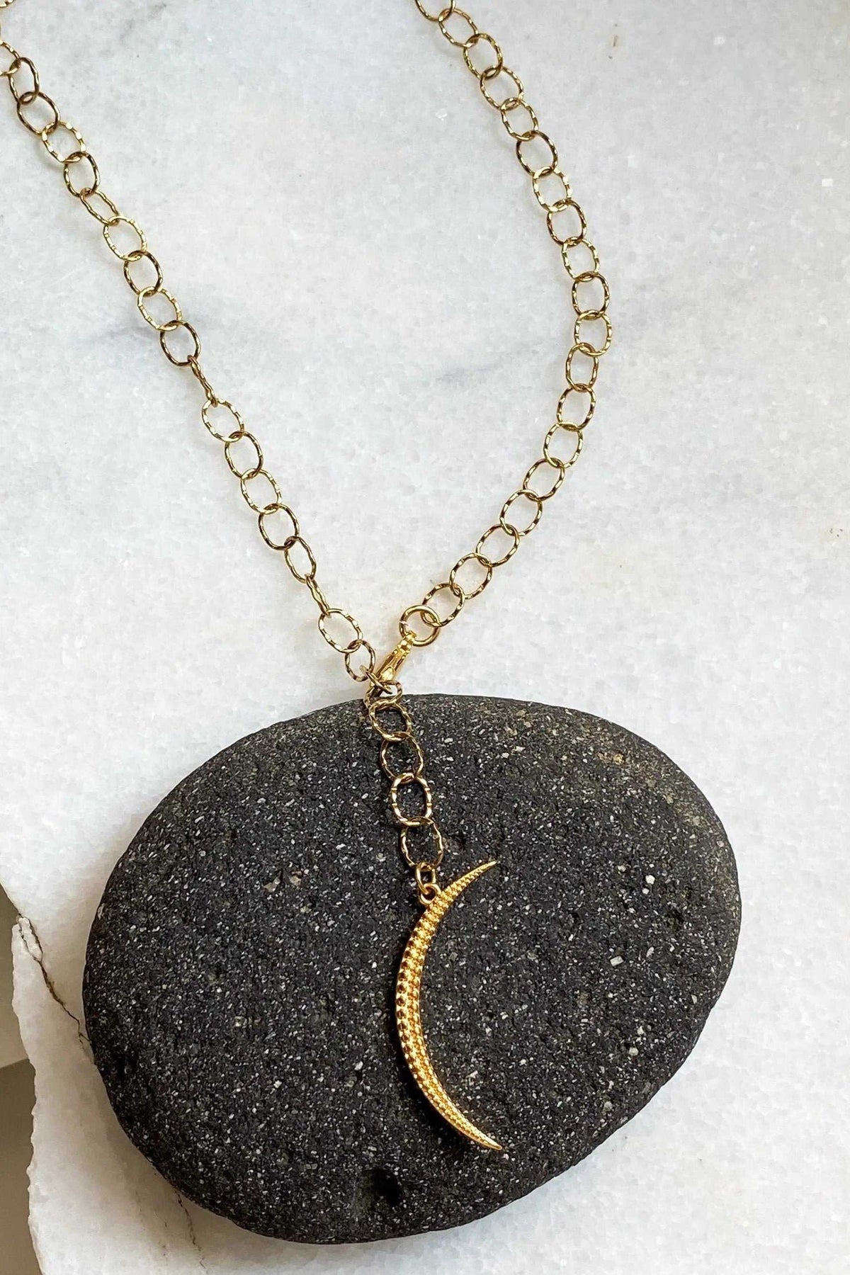 SELENE Moon Lariat Necklace with gold-tone oval-link chain and textured crescent moon pendant