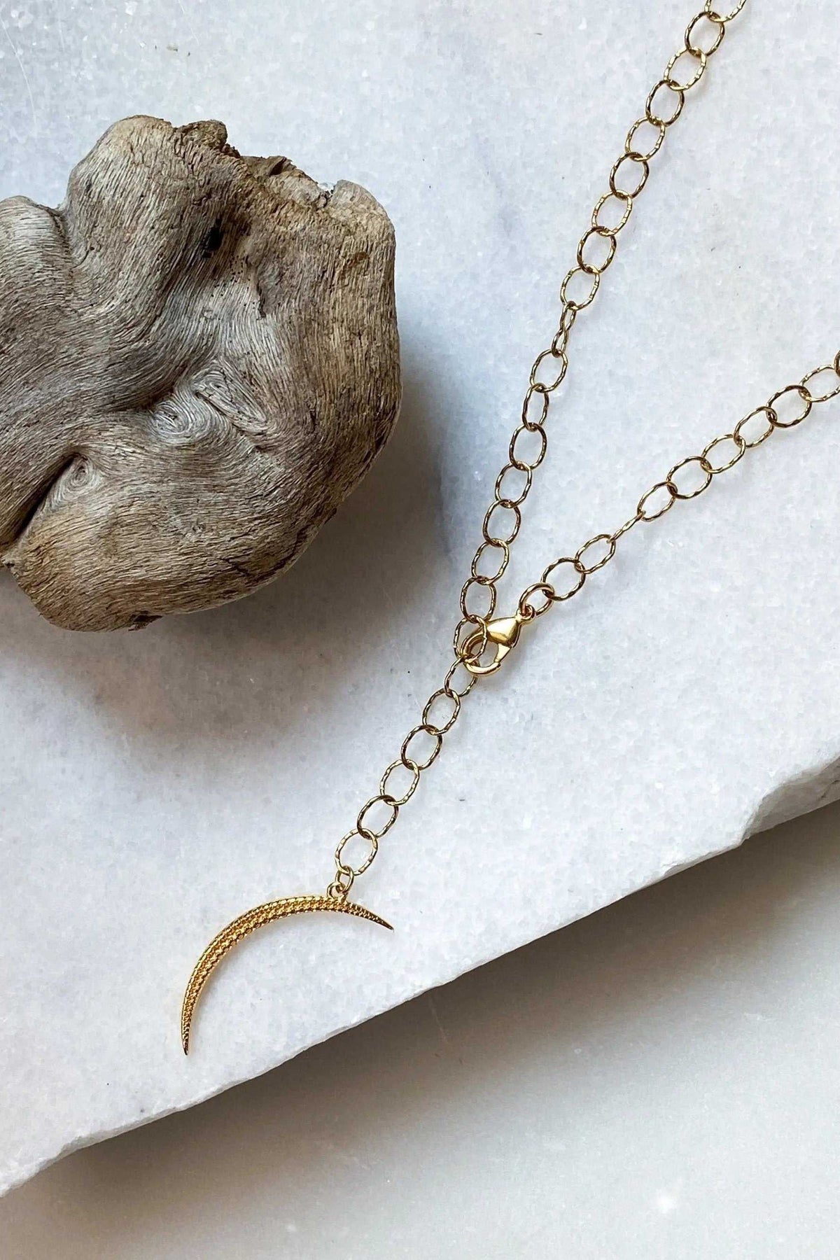 SELENE Moon Lariat Necklace with gold-tone oval-link chain and delicate crescent moon pendant