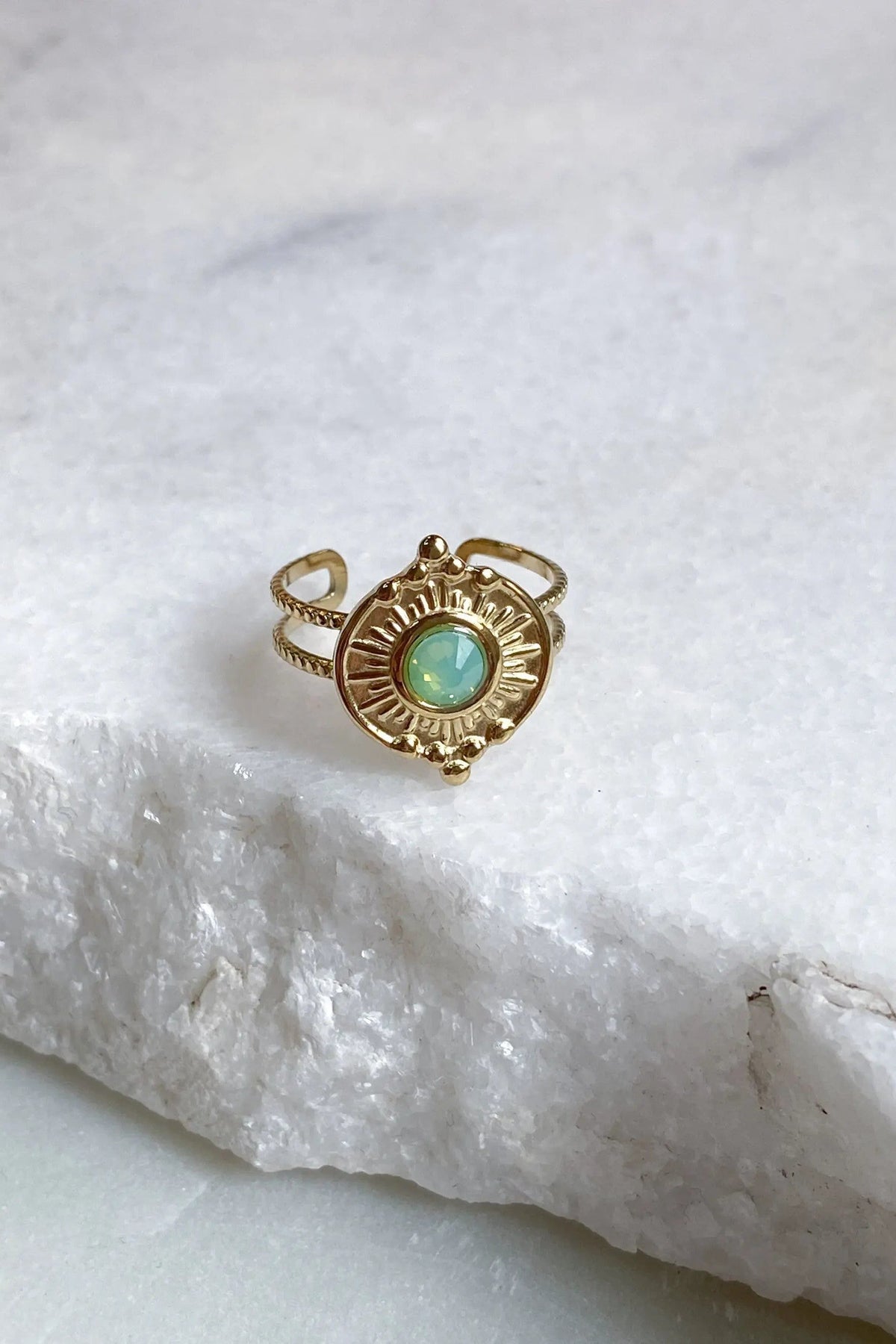 SEZAN Gold Stone Ring with a gold-tone sunburst setting, turquoise-green round stone and decorative adjustable band