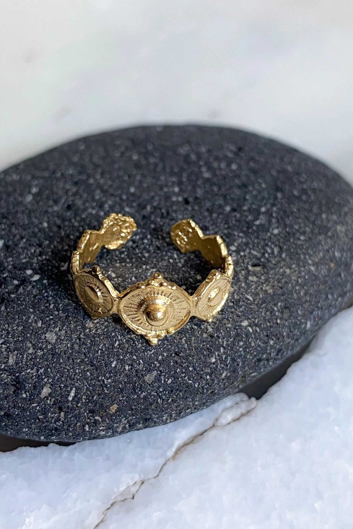 SHARMA Dotted gold ring, an adjustable gold-tone open band with raised dotted and ornate eye-like details