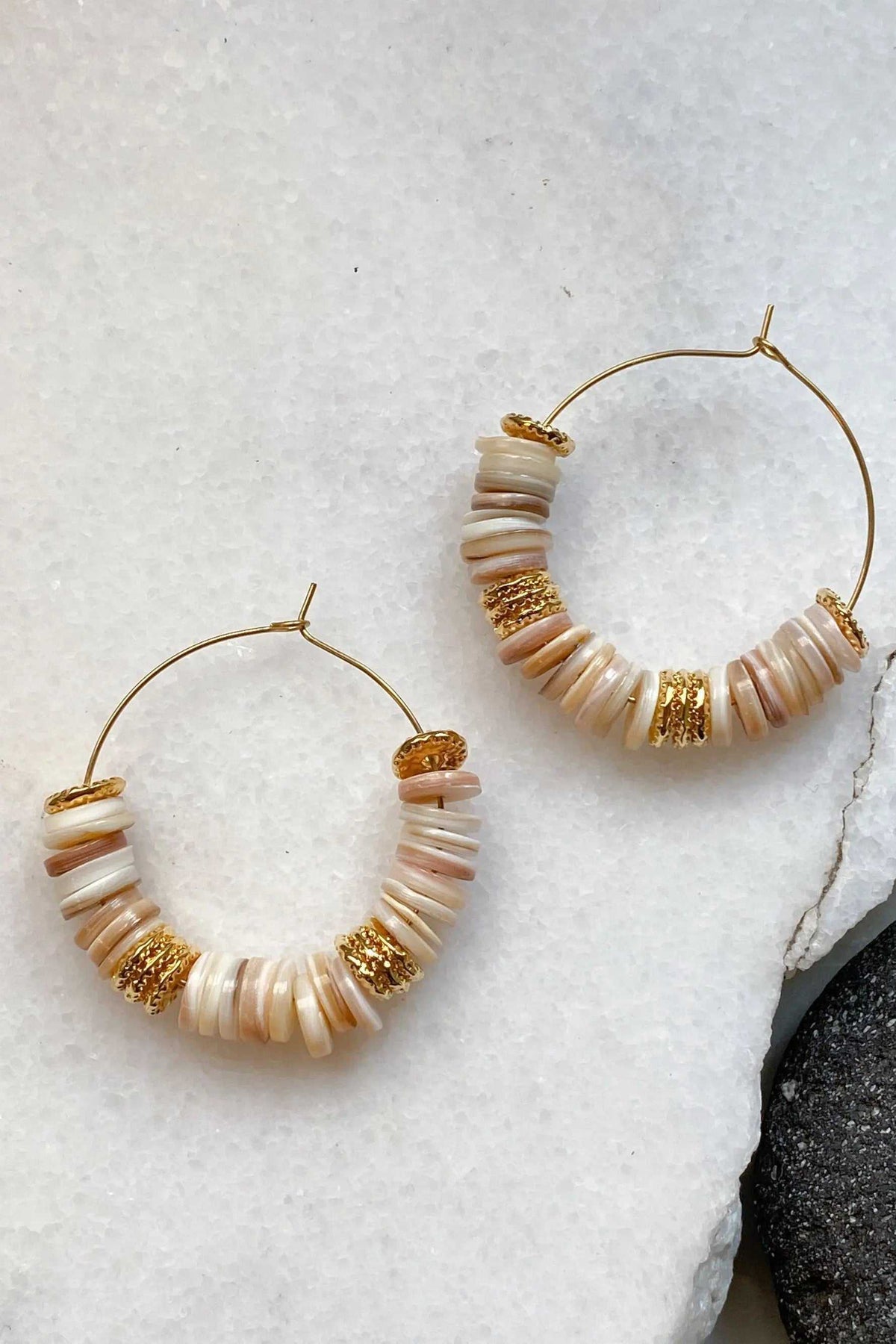 SHELL Hoop earrings with cream shell heishi beads, gold-tone hoops and textured metallic accents