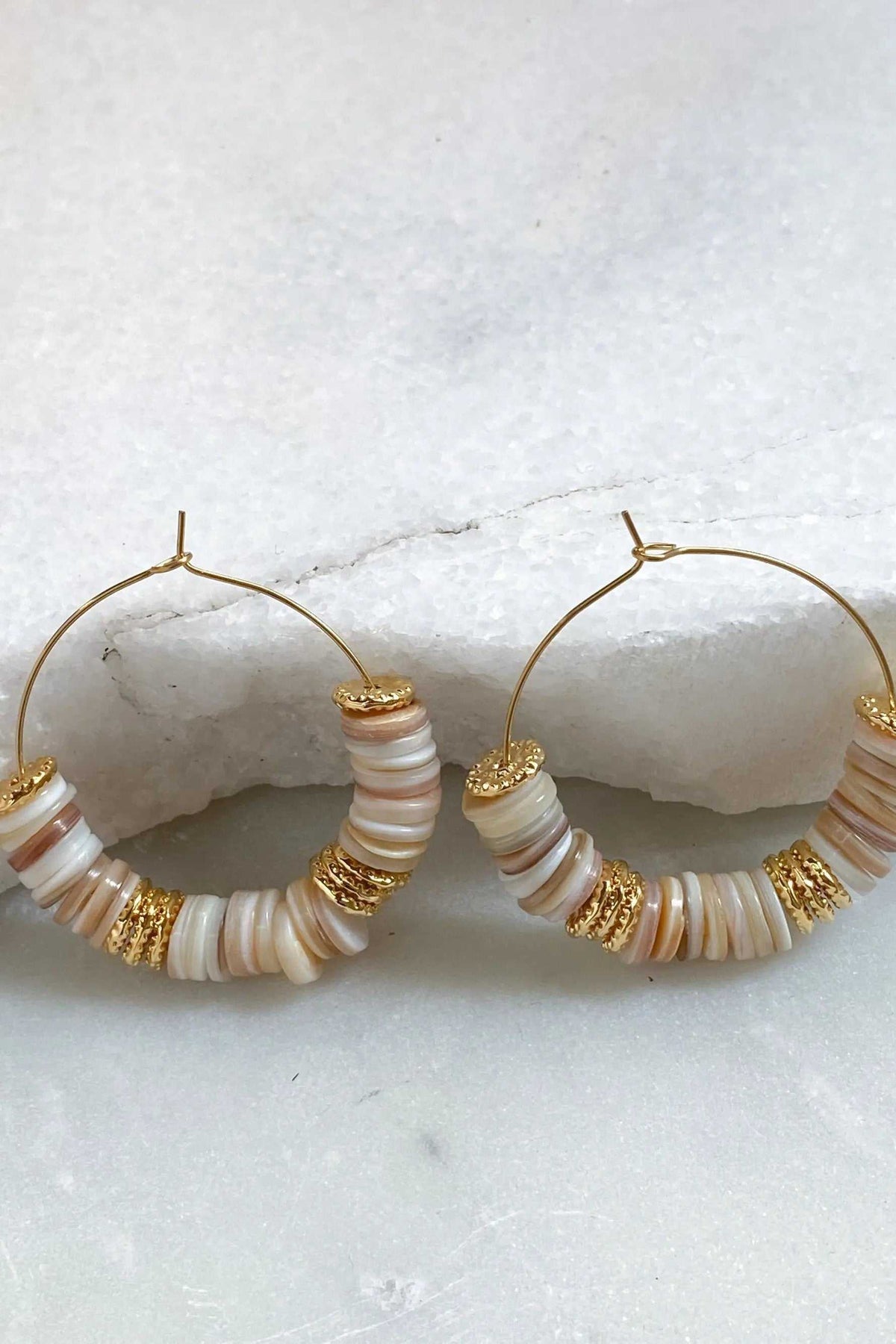 SHELL Hoop earrings with cream and white natural shell heishi beads, gold-tone hoops and accents