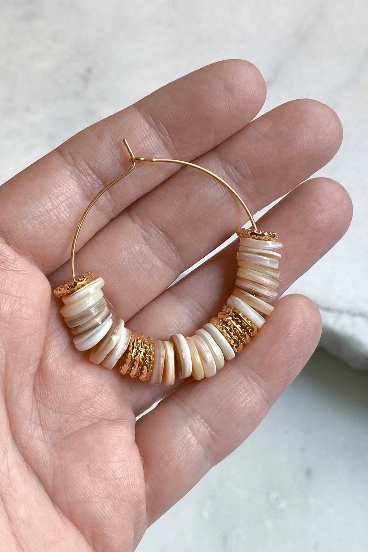 SHELL Hoop earrings with gold hoops and natural cream shell heishi beads, textured and layered