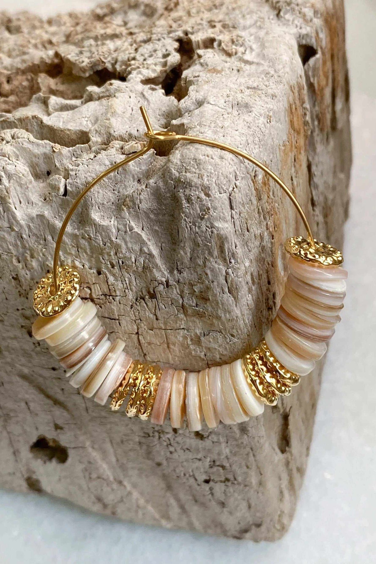 SHELL Hoop earrings with gold-tone hoops, natural white shell heishi beads, and textured metallic accents