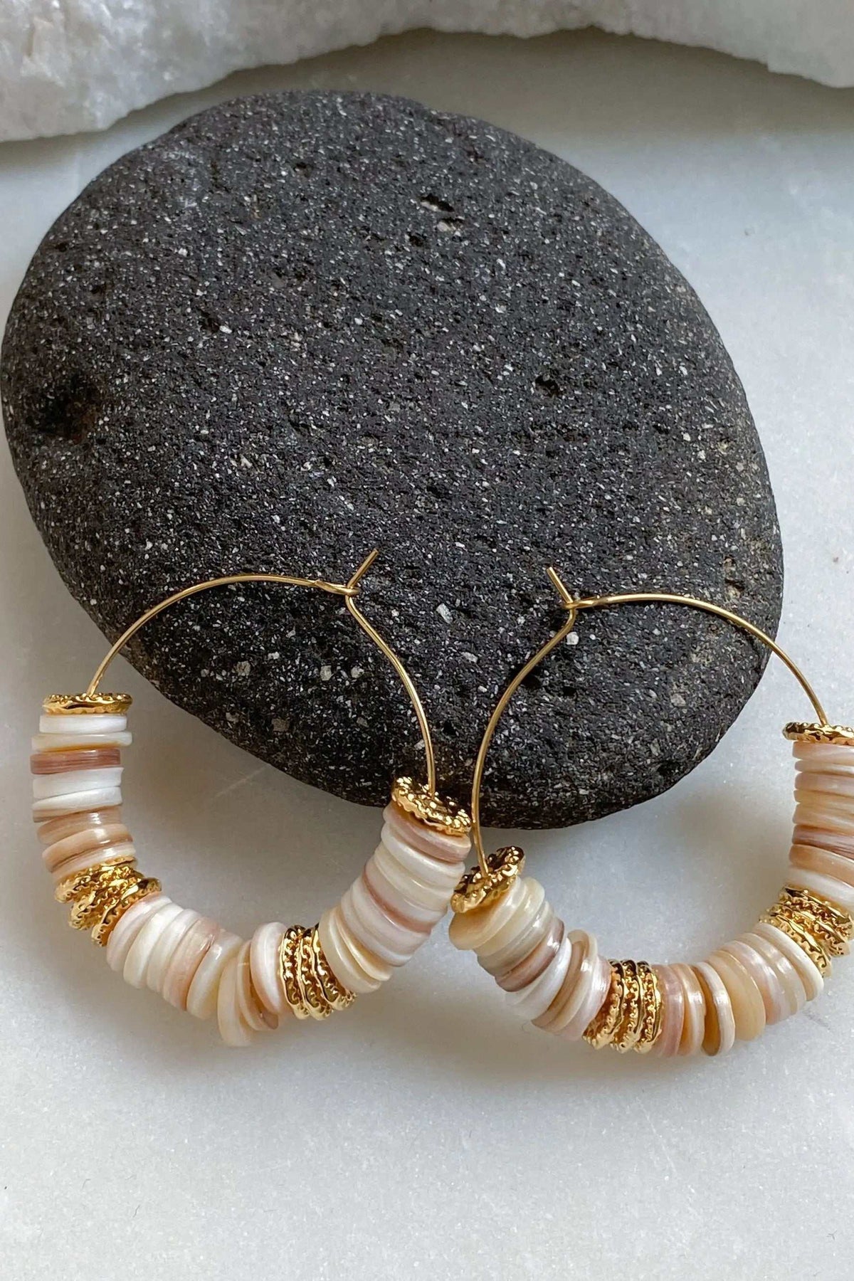 SHELL Hoop earrings with white natural shell heishi beads, gold-tone accents, and large curved hoops