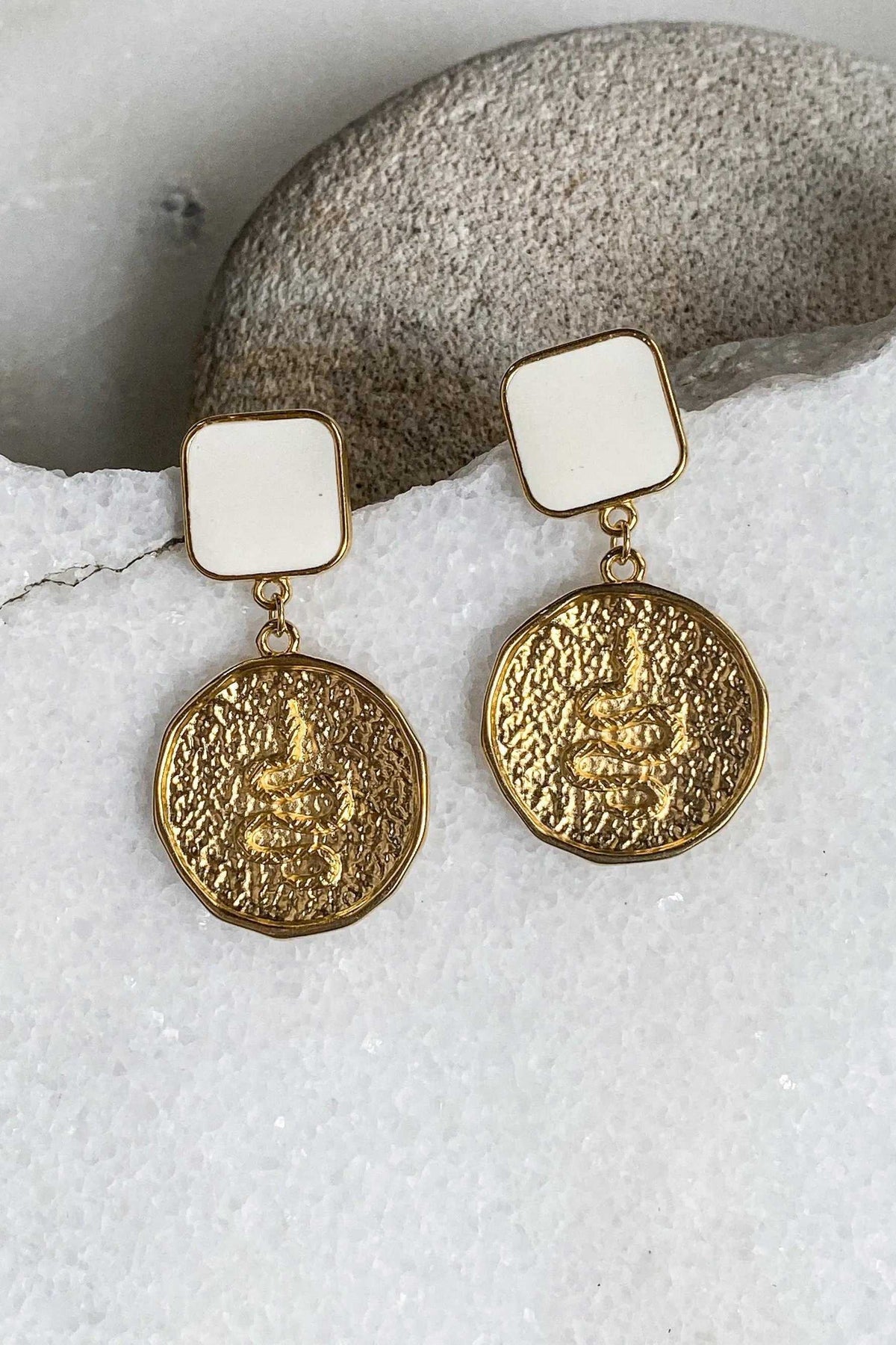 SNAKE Gold Coin Earrings with gold-tone textured round medallions, square ivory tops and dangling links