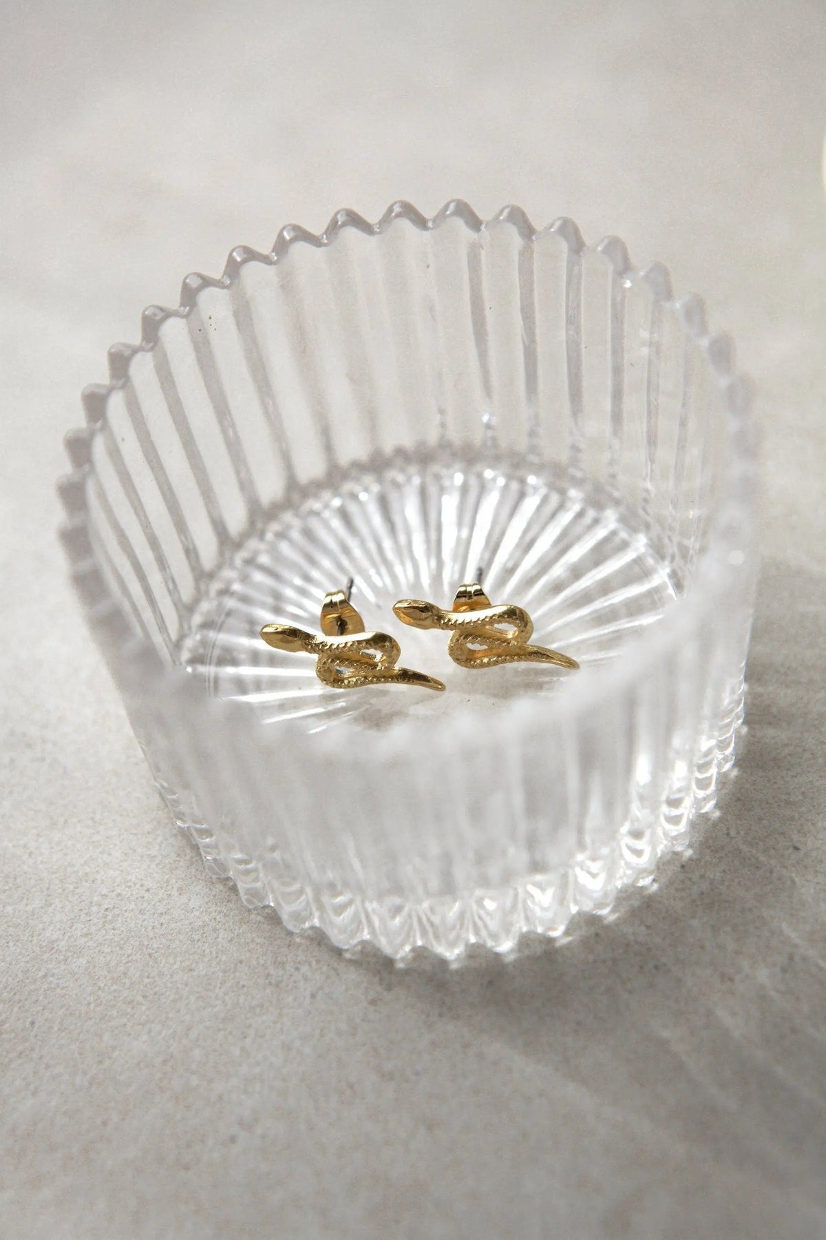 Snake gold earrings in gold-tone metal, shaped as slender coiled snakes with small stud posts.