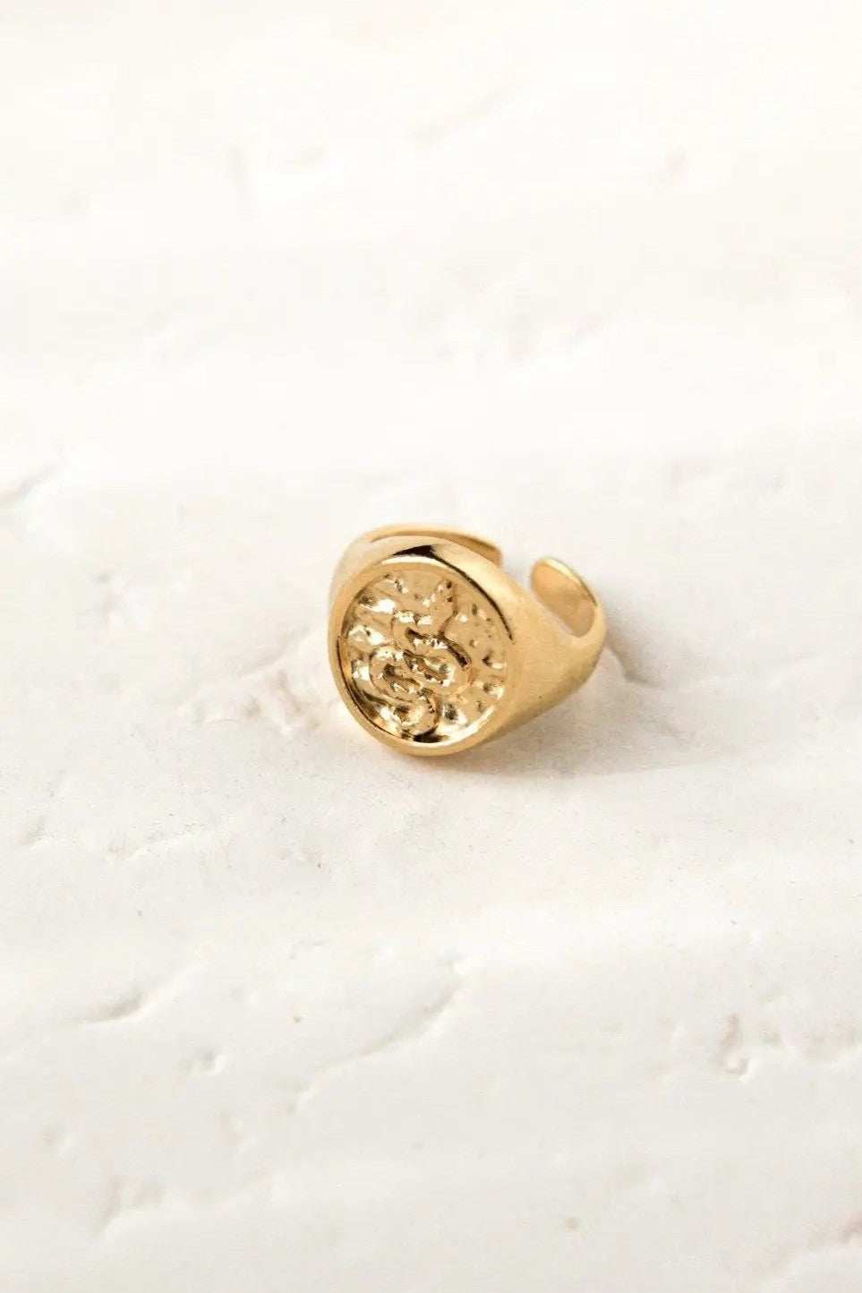 Snake Stamp Coin ring in gold-tone metal, featuring a round raised coin face with an intricate stamped design and an open adjustable band