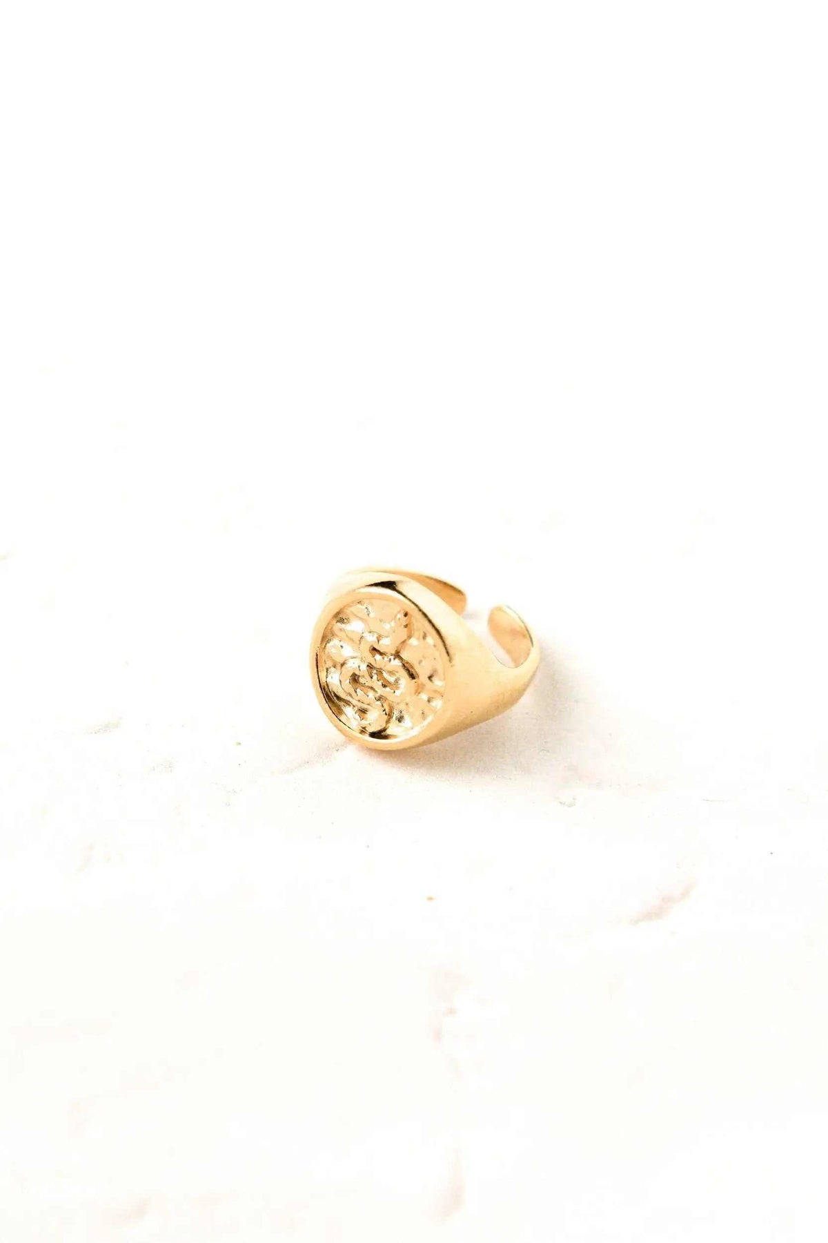 Snake Stamp Coin ring in gold-tone metal, featuring a round textured coin face and an adjustable open band