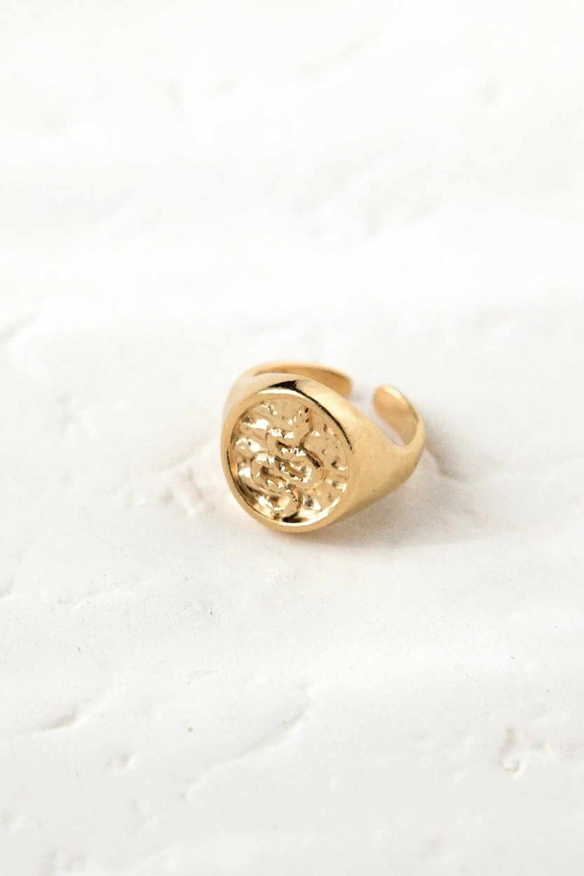 Snake Stamp Coin ring in polished gold-tone metal, featuring a round raised coin face with an intricate stamped design and adjustable band.