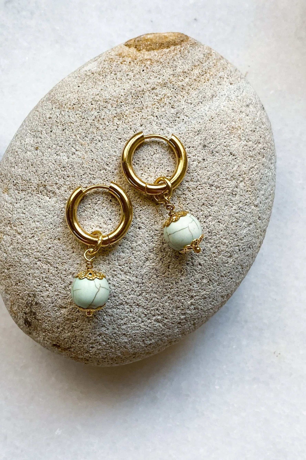 SORAYA medium earrings, gold hoop earrings with pale green round gem charms and textured bead details