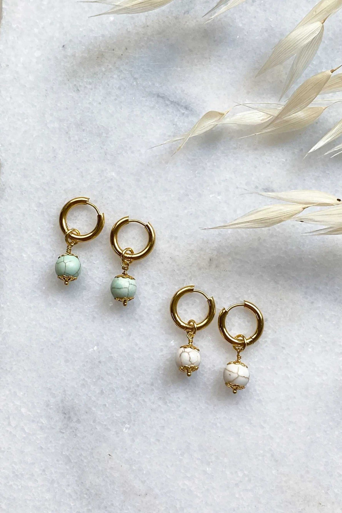 SORAYA medium earrings, gold-toned hoop earrings with pale green and white beaded gemstone charms