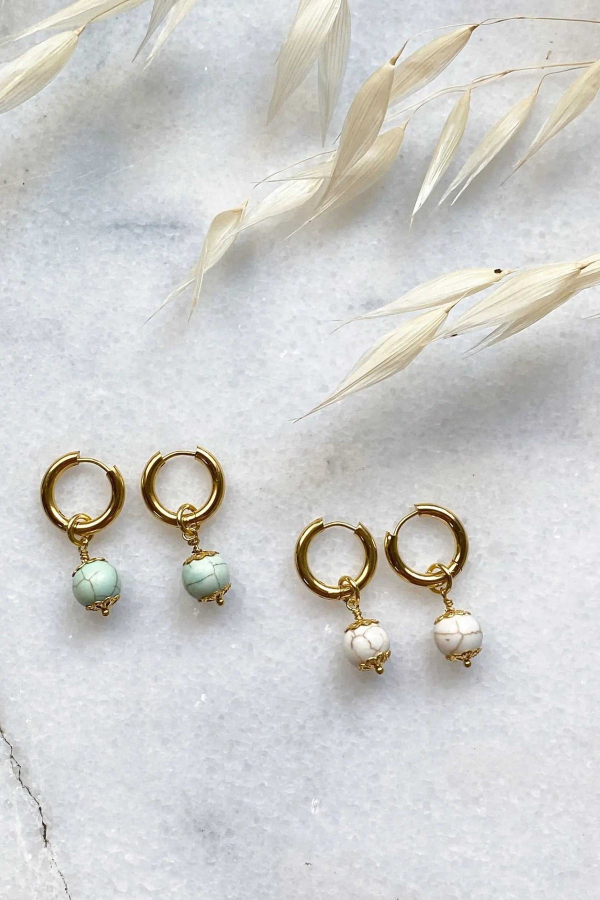 SORAYA medium earrings, gold huggie hoops with pale green and white marbled gem charms
