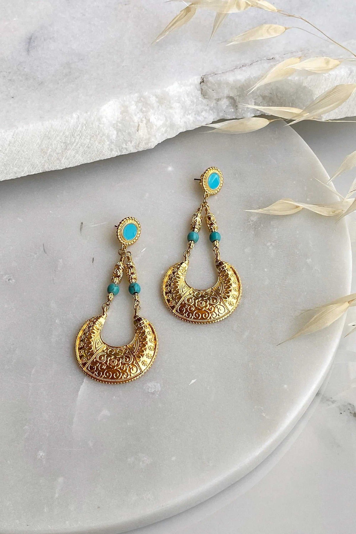 Statement oversize earrings in gold-tone filigree with turquoise beads and oval turquoise studs, featuring ornate open drops