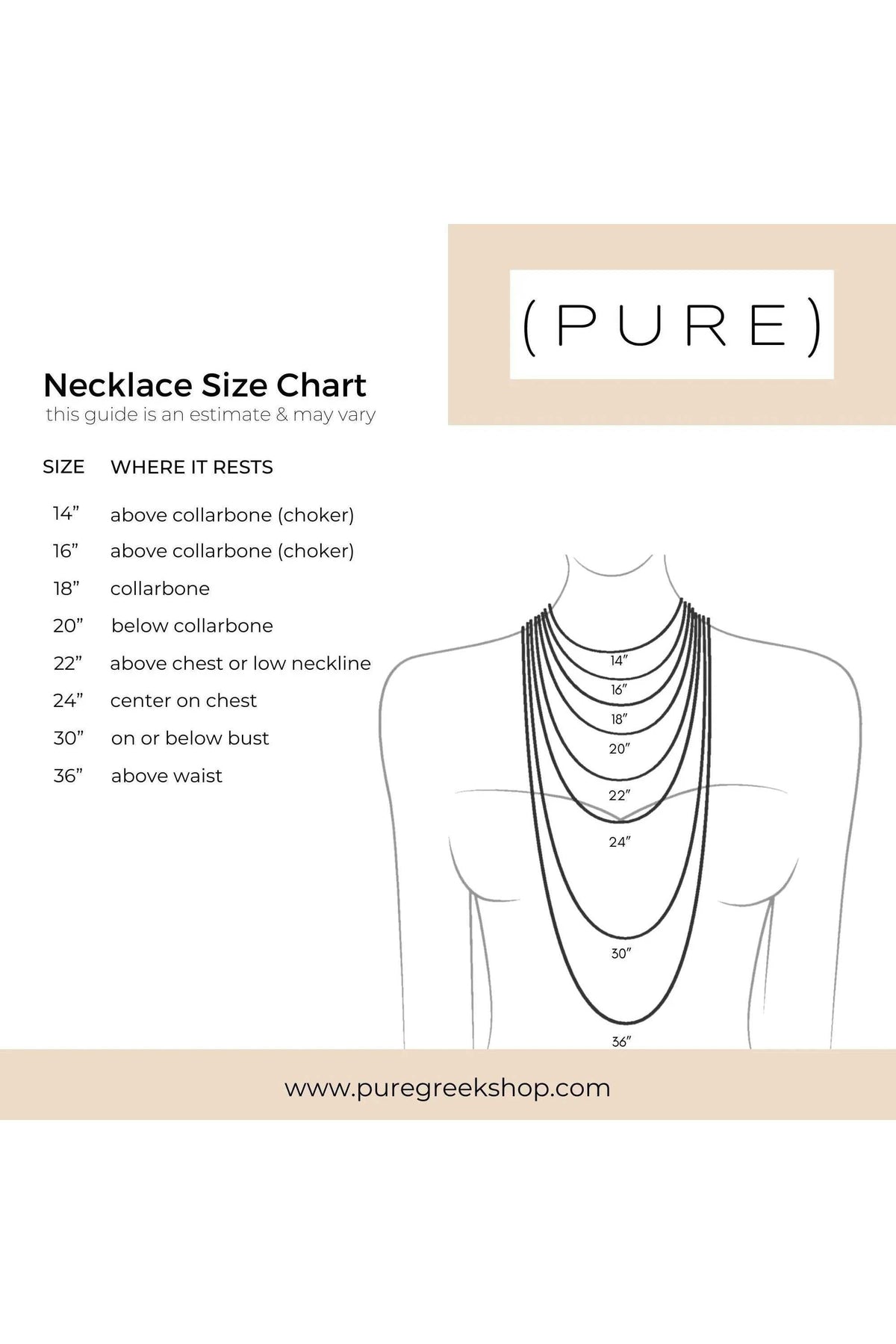 TAMA NECKLACE size chart showing necklace lengths from 14 to 36 inches on a line-drawn torso
