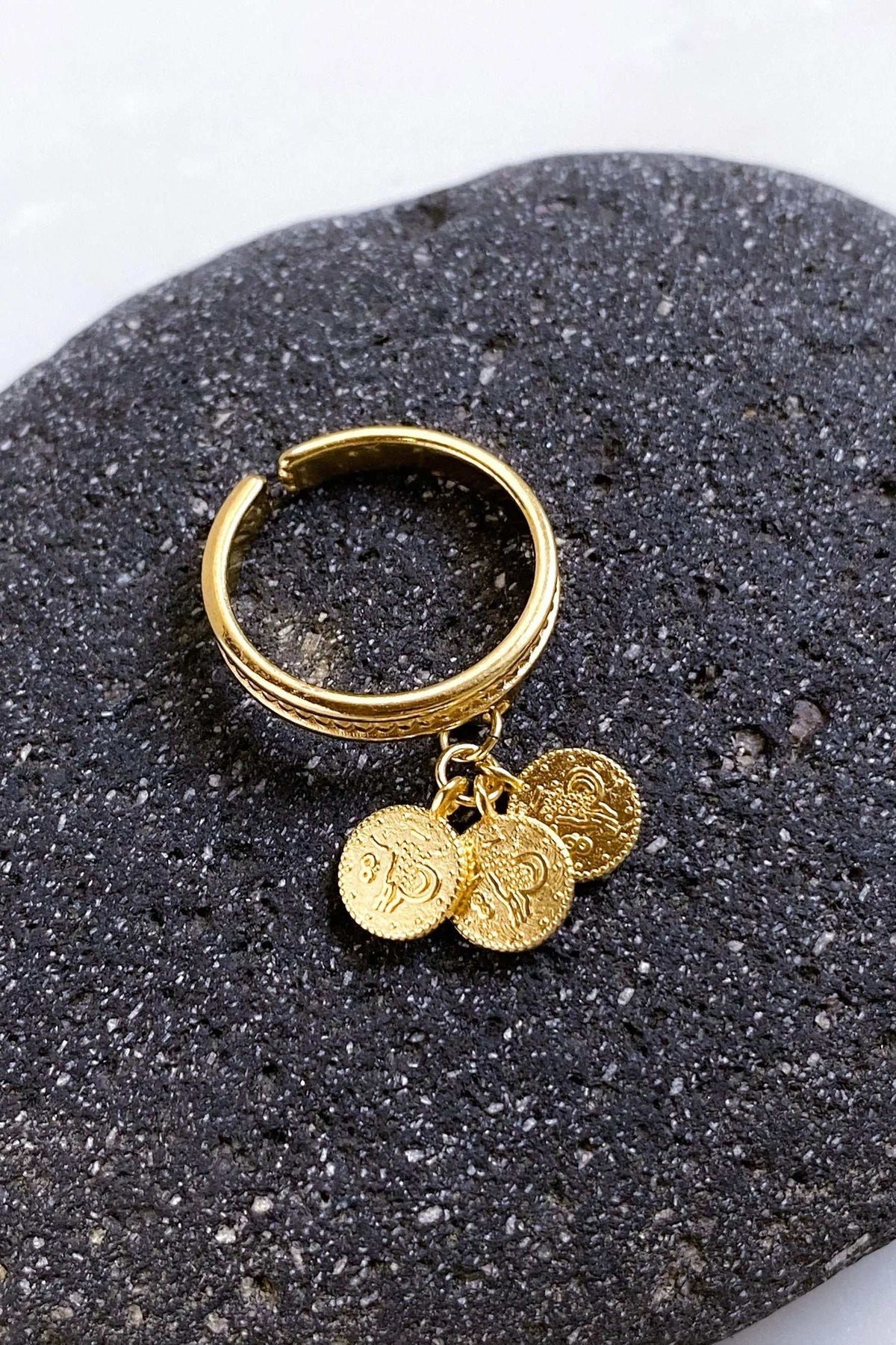 tiny coins ring in gold-tone metal with three dangling textured coin charms and a slim adjustable band