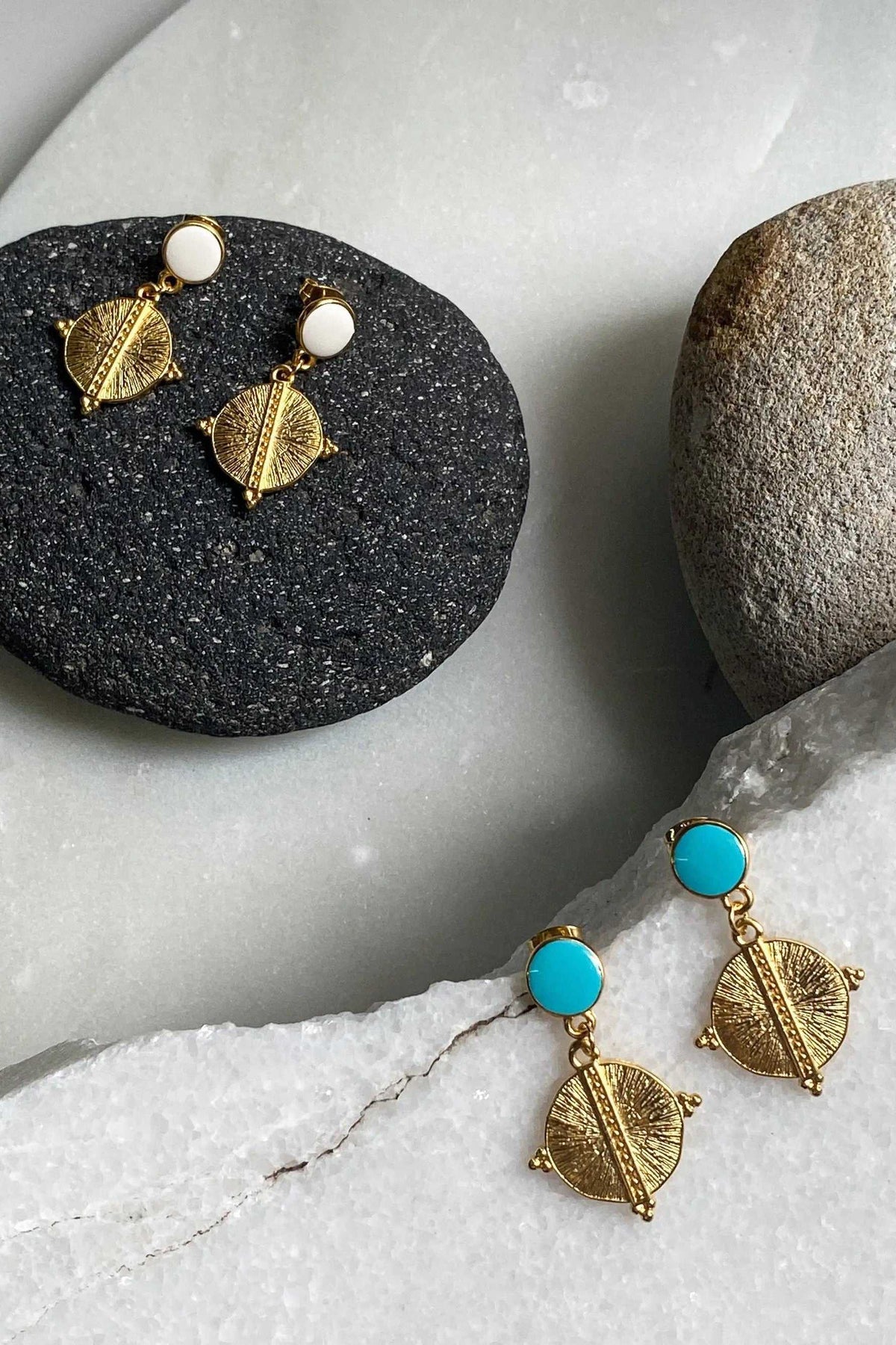 White Gold Boho earrings with gold-tone textured leaf charms, shown with white and turquoise round studs