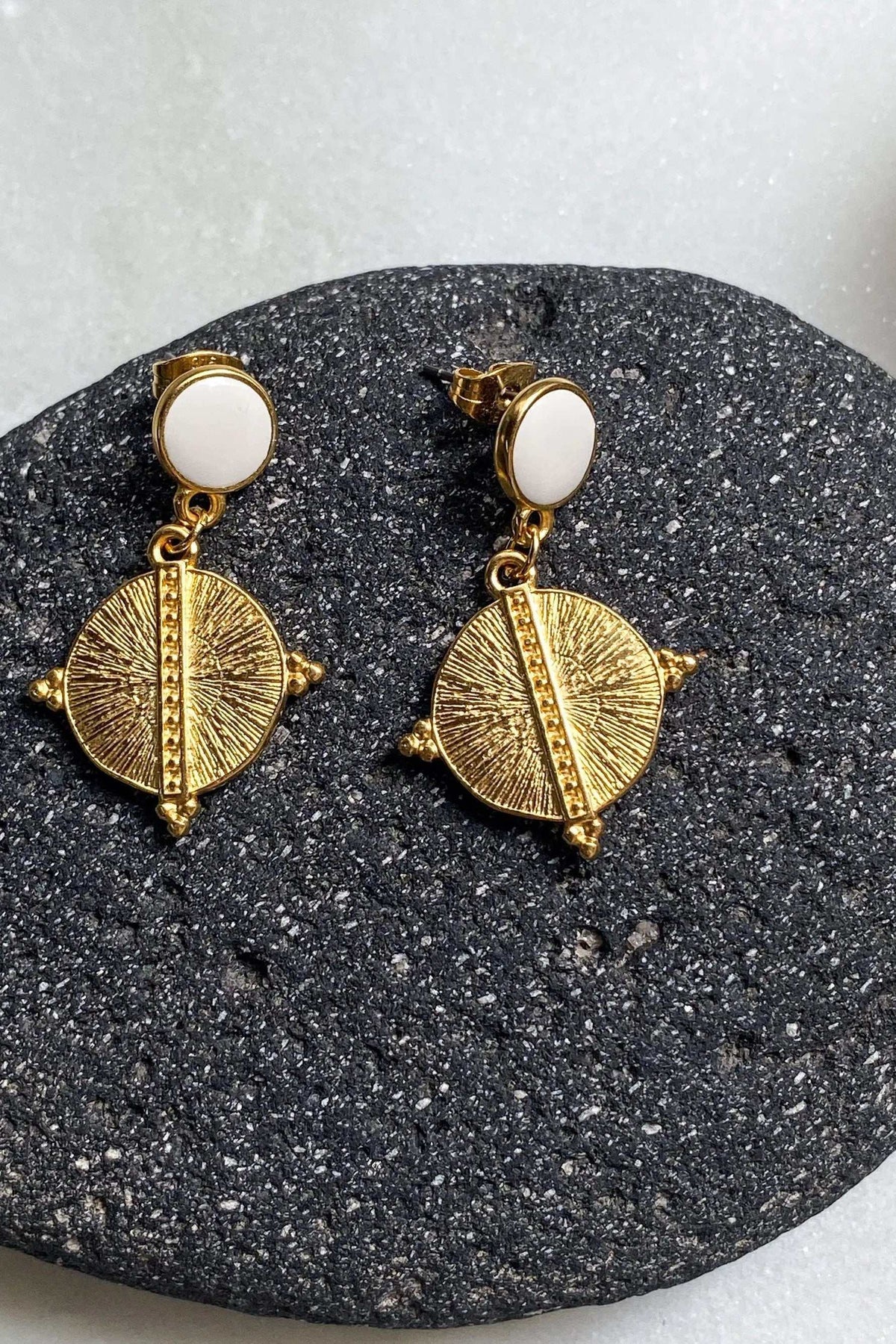 White Gold Boho earrings with gold-tone sunburst medallions, raised central bars and smooth white oval studs