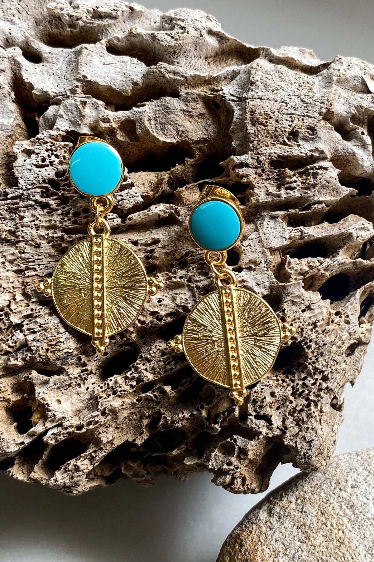 White Gold Boho earrings with bright turquoise round studs and ornate gold-tone sunburst medallion dangles