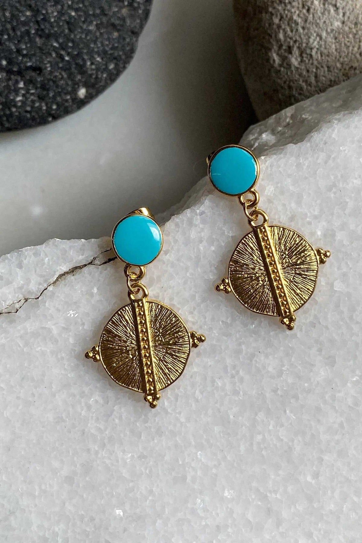 White Gold Boho earrings with bright turquoise round studs and gold-tone dangling sunburst discs with textured detailing