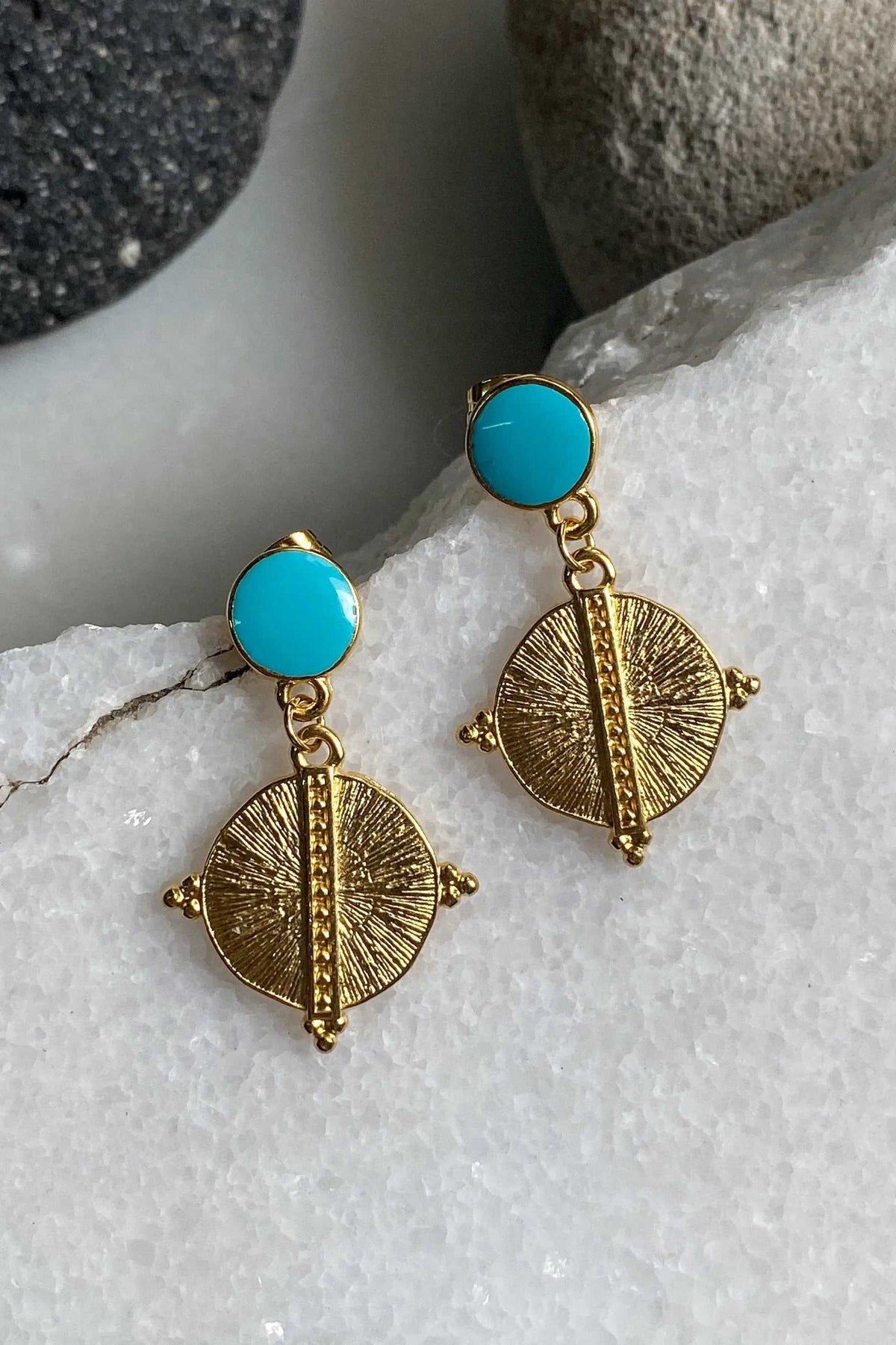 White Gold Boho earrings with turquoise resin studs and gold-tone textured sunburst medallion dangles