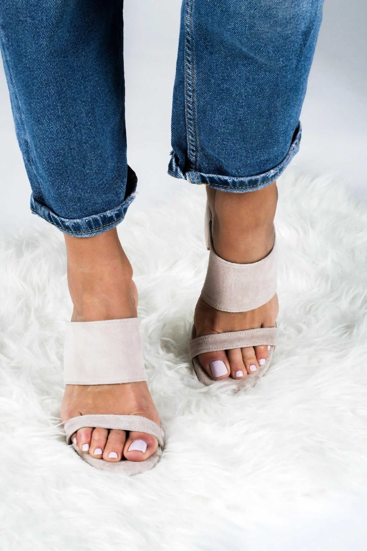 ZOE Handmade Greek Sandals in beige-nude suede with open toes, broad ankle straps and slim front straps