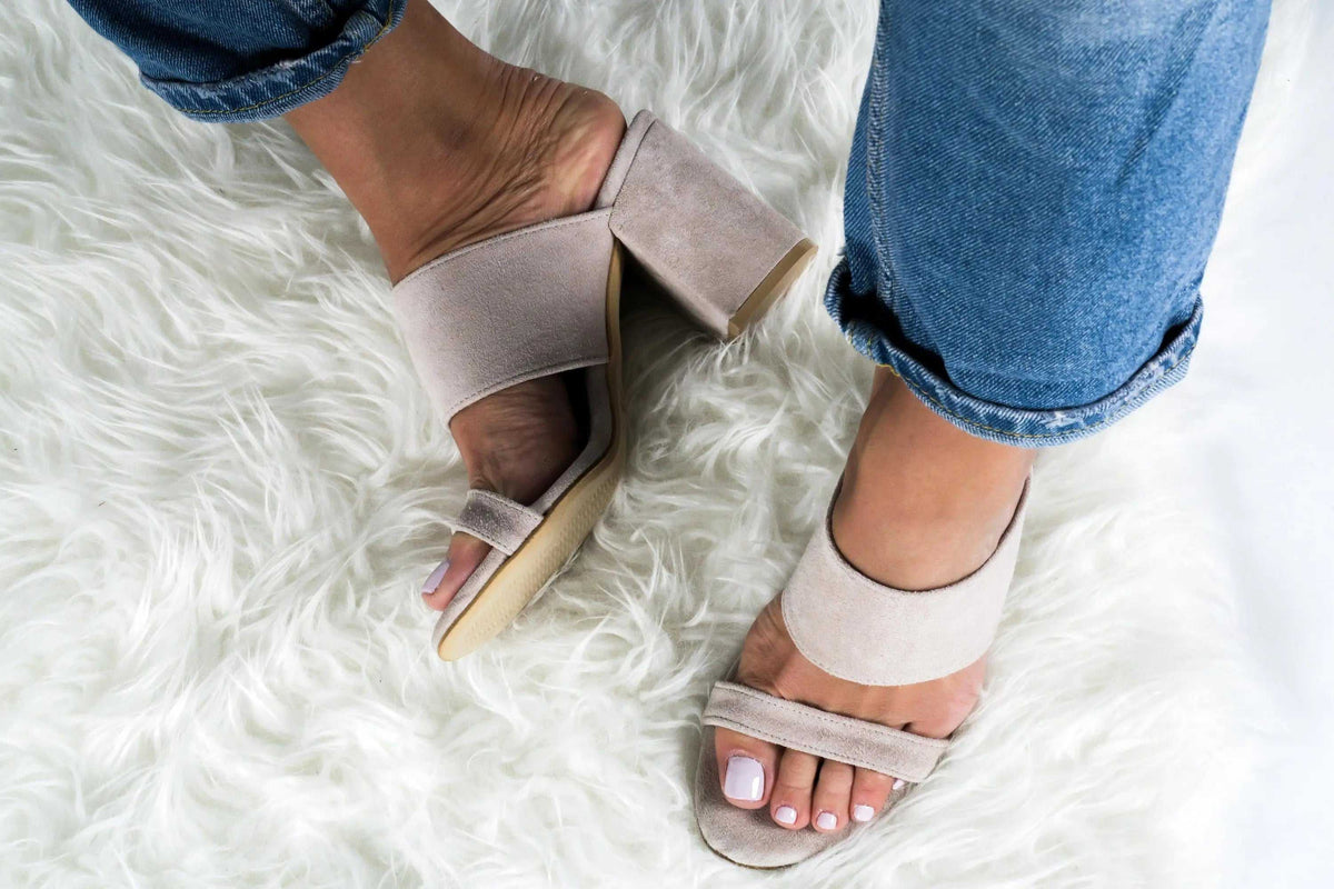 ZOE Handmade Greek Sandals in beige-nude suede, featuring an open toe, wide straps and chunky block heels