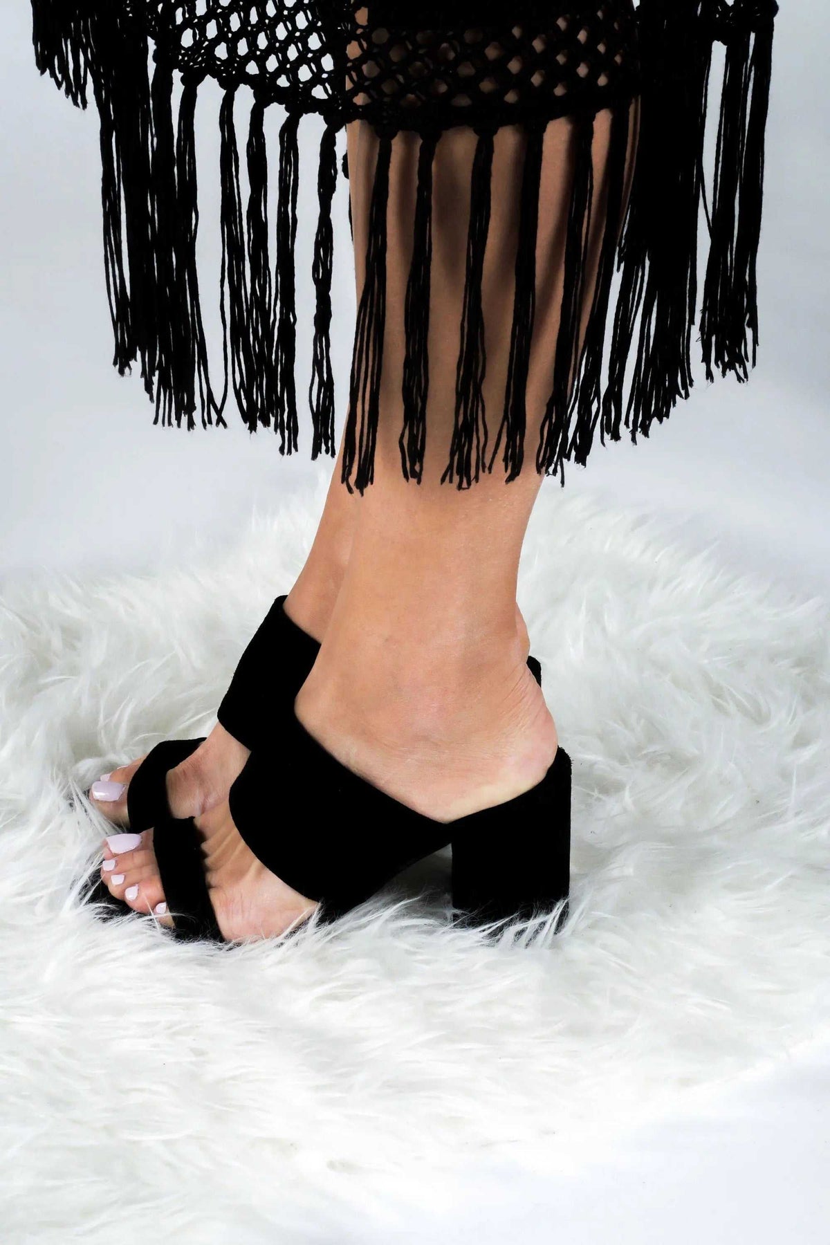 ZOE Handmade Greek Sandals, black suede mules with open toes, broad straps and chunky block heels