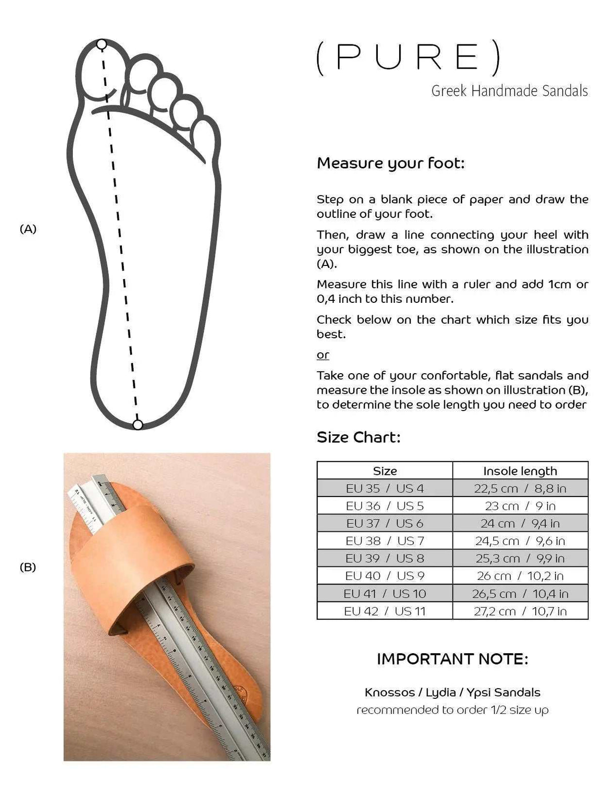ZOE Handmade Greek Sandals sizing guide with a foot measurement diagram and a tan leather sandal measured with a ruler